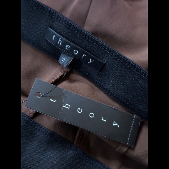 New Theory Pants 2 Womens Brown Cognac Merryn 100% Lamb Leather Trim Ankle - Picture 7 of 10